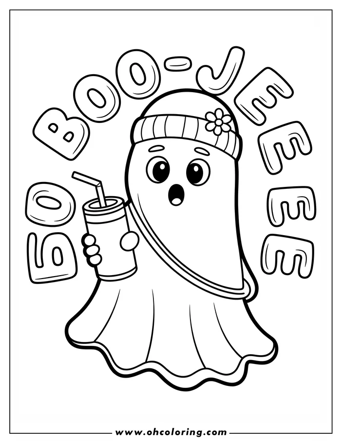 Line art of a cartoon ghost holding a drink with a straw. The ghost wears a striped beanie with a flower and has a surprised expression. The words "Boo-Jee" surround the ghost. This is a coloring sheet design, perfect for Halloween.