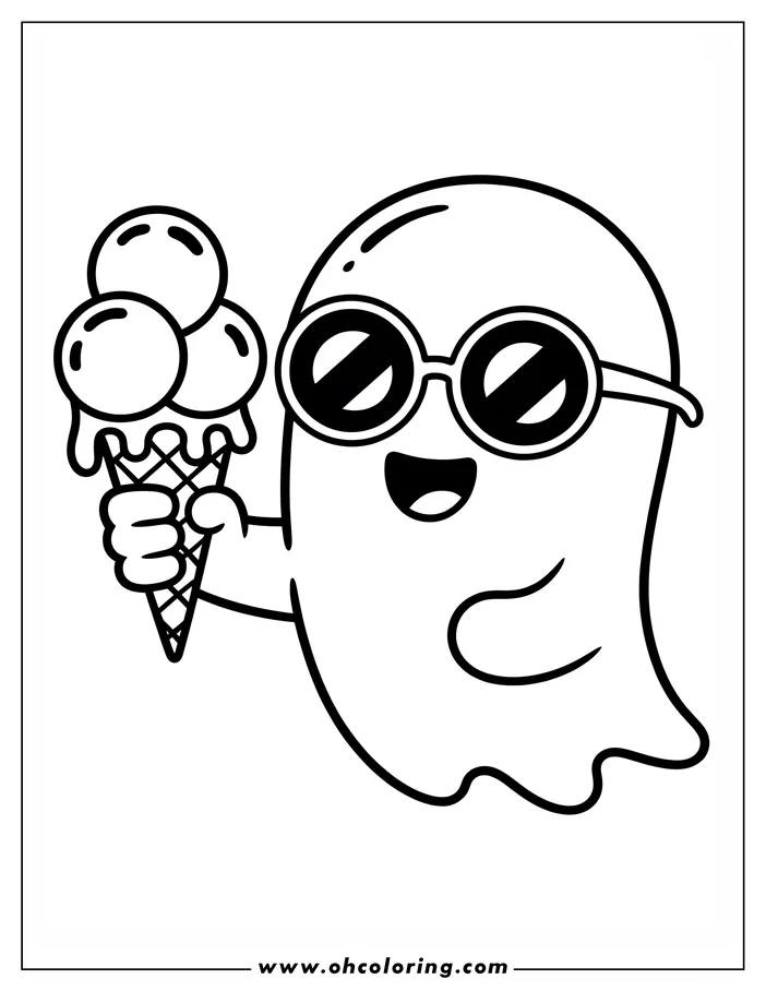 Line art of a friendly cartoon ghost holding a triple-scoop ice cream cone. The ghost is wearing sunglasses and has a happy expression, designed as a coloring sheet.