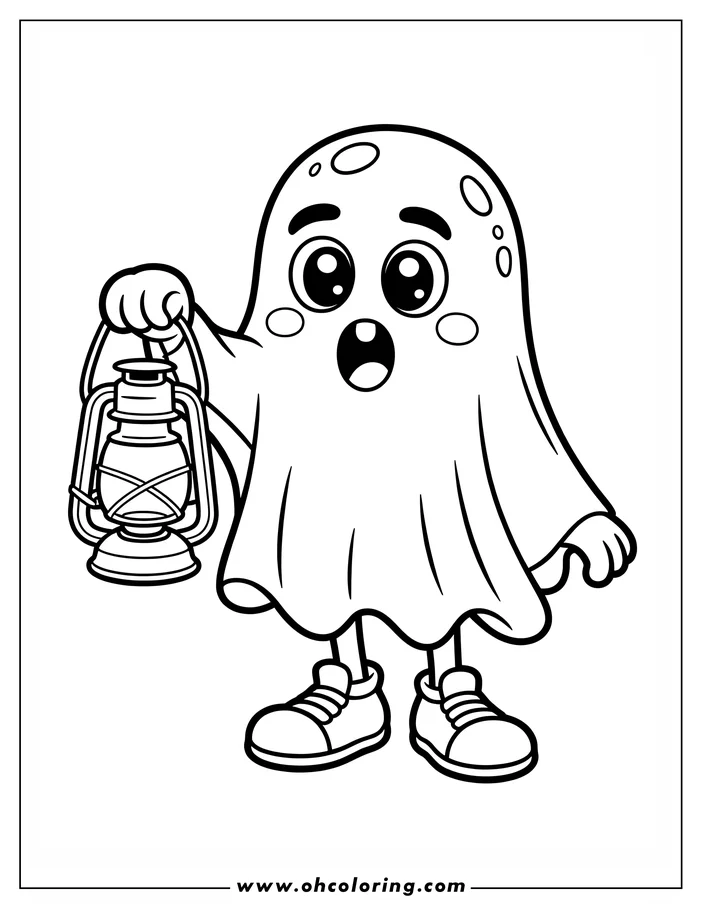 Line art of a friendly cartoon ghost holding a lantern. The ghost has large, surprised eyes and wears sneakers. This simple design is perfect for a children's coloring sheet.