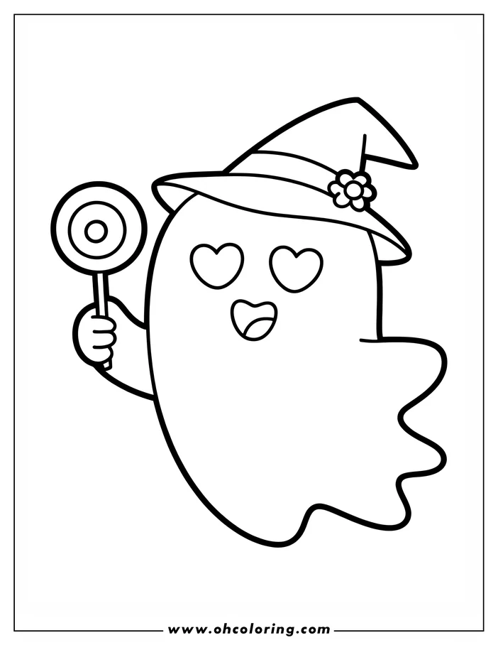 Line art of a friendly cartoon ghost holding a lollipop. The ghost wears a witch's hat with a flower and has heart-shaped eyes. This is a coloring sheet design, ready for kids to add their own colors.