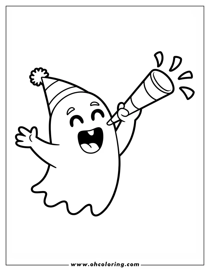 Line art of a friendly cartoon ghost wearing a party hat and blowing a party horn, designed as a coloring sheet.