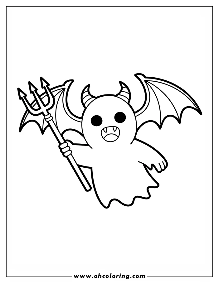 Line art of a cartoon ghost holding a pitchfork. The ghost has small horns, bat-like wings, and a playful expression. This is a drawing designed for a coloring sheet.