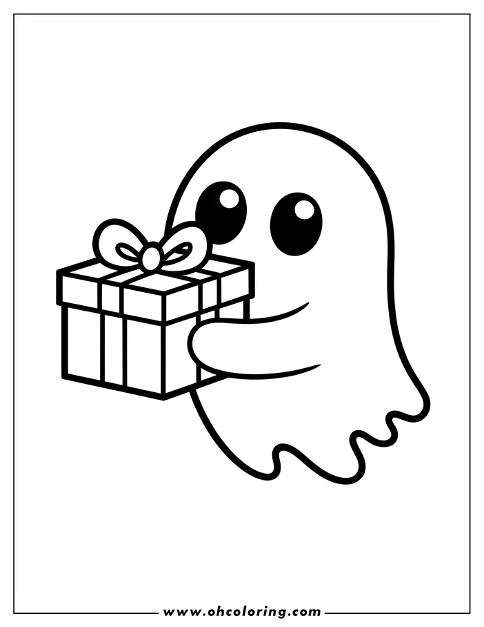 Simple line art of a friendly cartoon ghost holding a wrapped present with a bow, designed as a coloring sheet.