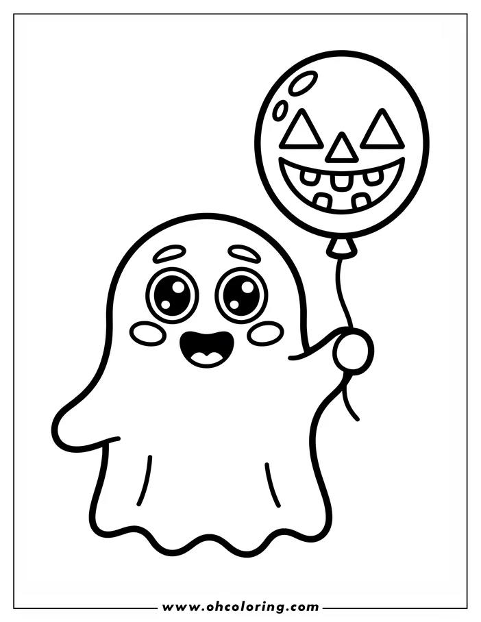 Line art of a friendly ghost holding a balloon with a carved pumpkin face, a design for a coloring sheet.