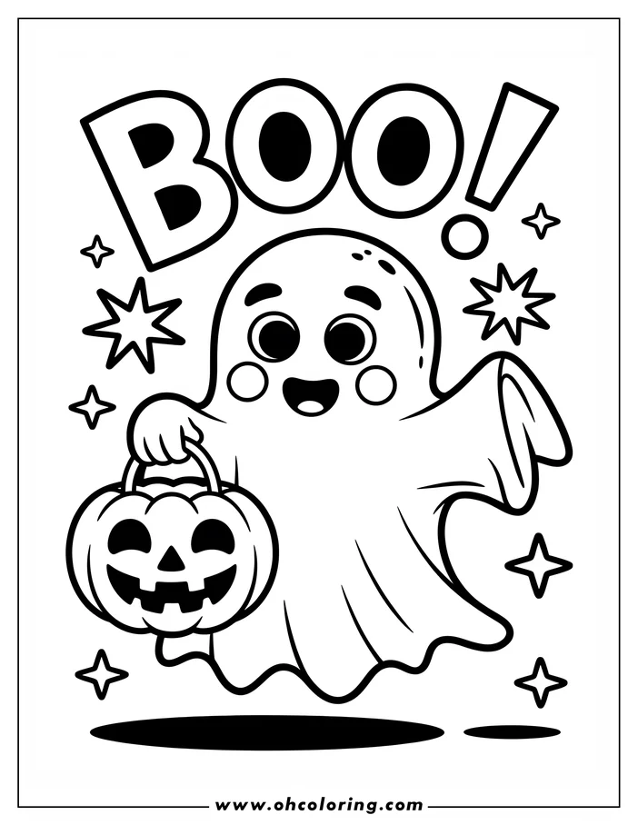 Line art of a friendly cartoon ghost holding a pumpkin basket. The ghost has rosy cheeks and a wide smile, and several small stars surround it. Designed as a Halloween coloring sheet.