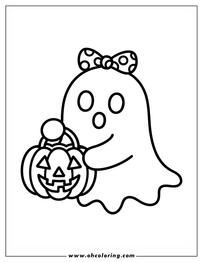 Simple drawing of a ghost holding a jack-o'-lantern. The ghost has large round eyes, open mouth, and a polka dot bow. The pumpkin has a carved face. Coloring sheet design for Halloween.