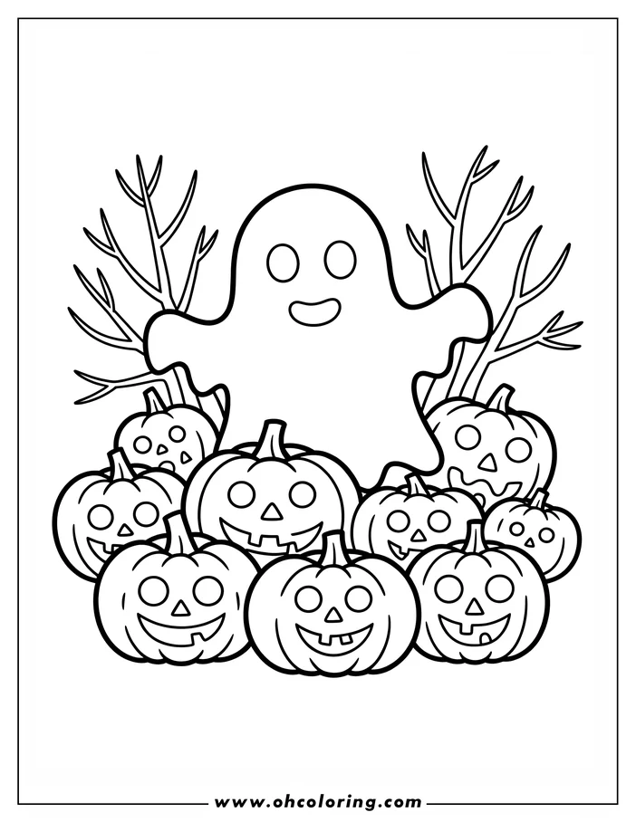 Line art of a friendly ghost with simple, round eyes and a smile floating above a group of carved pumpkins with various funny faces. Two bare trees flank the ghost. This is a design for a coloring sheet.