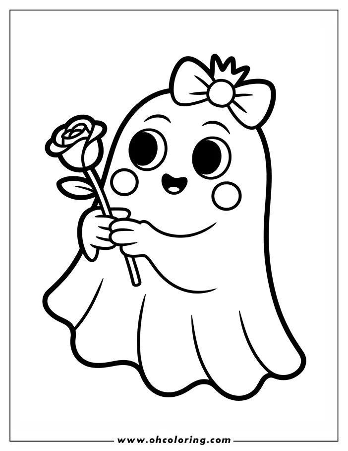 Line art of a friendly cartoon ghost holding a rose. The ghost has large eyes, rosy cheeks, and a bow on its head. This is a coloring sheet design, perfect for a bit of spooky fun.