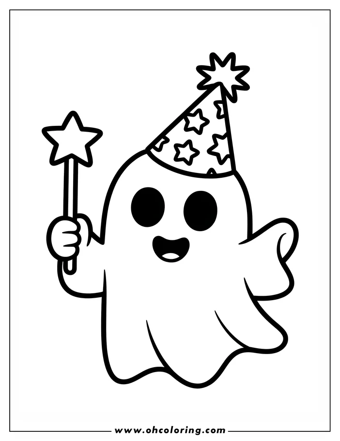 Line art of a friendly cartoon ghost holding a star wand.  The ghost wears a party hat with stars and has a happy expression. This is a design for a coloring sheet.