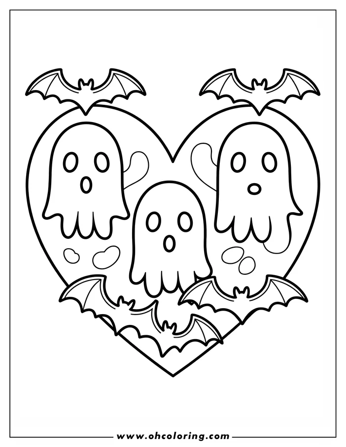 Line art of three friendly ghosts floating inside a heart shape, surrounded by bats. It's designed as a coloring page for kids, perfect for Halloween.