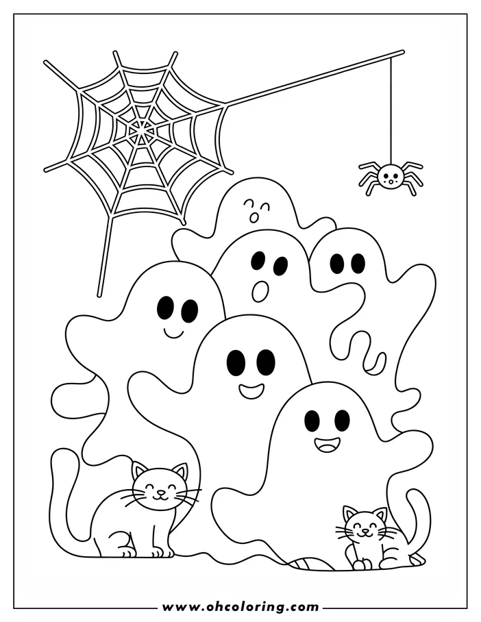 Line art depicting a Halloween scene with five friendly ghosts floating near a spiderweb. Two cats sit calmly below. A spider hangs from the web. This is a coloring sheet design ready for printing and coloring.