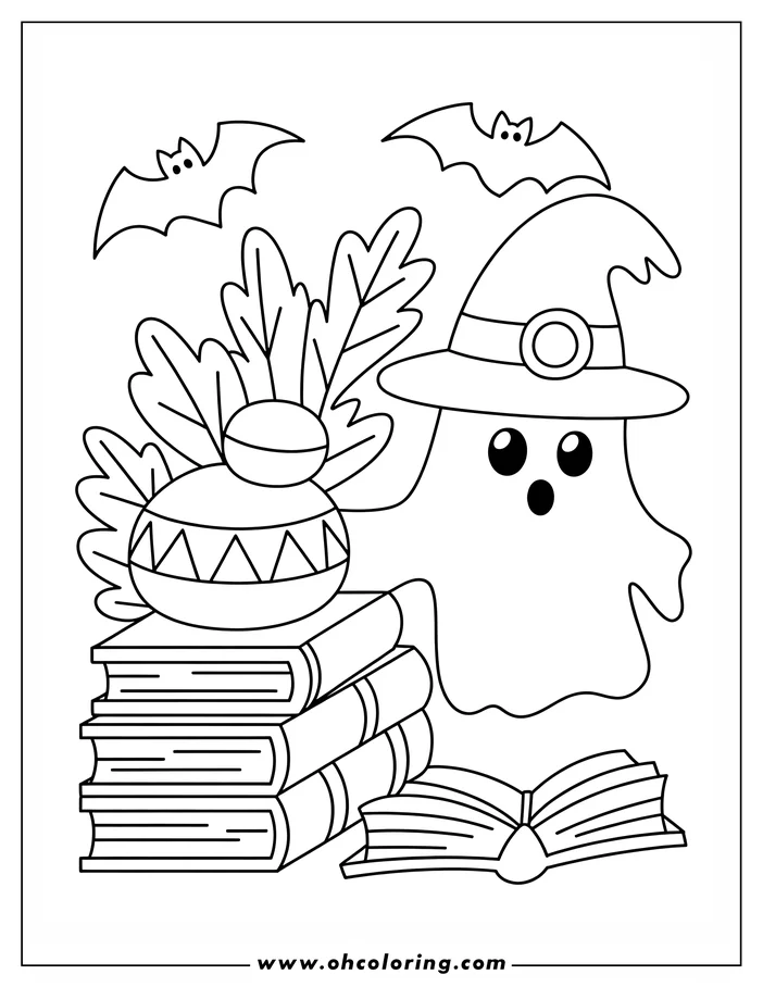 Line art of a Halloween scene with a friendly ghost wearing a witch hat, a stack of books, an open book, a decorated gourd, and two bats flying overhead. This whimsical coloring page is perfect for kids and adults.