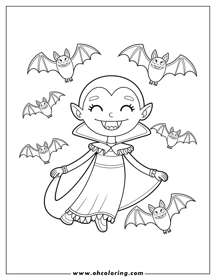 Line art of a happy cartoon vampire surrounded by flying bats. The vampire wears a cape and has a cheerful expression. This is a coloring sheet design perfect for Halloween.