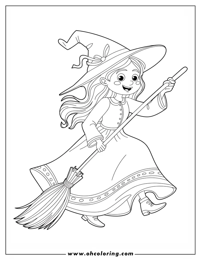 Line art of a smiling witch riding a broomstick. She wears a pointed hat and a flowing dress, her hair trailing behind her. This is a coloring sheet design, ready for kids to add their own colors.