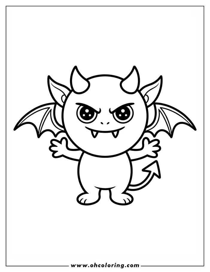 Line art of a small, cartoon-style devil with large eyes, horns, a pointed tail, and bat wings spread out to its sides. This coloring sheet design features a mischievous-looking devil ready for coloring.