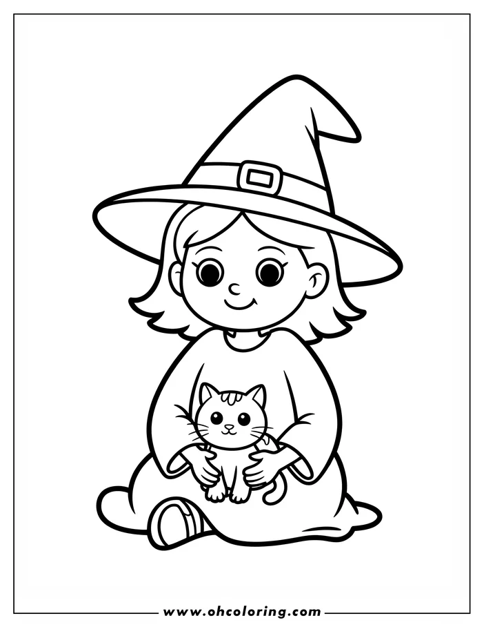 Line art of a little witch sitting and cuddling a kitten.  She wears a pointed hat and a simple dress. The friendly witch and her cat companion are a charming drawing for coloring.