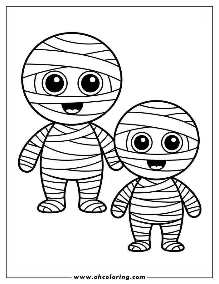 Line art of two friendly cartoon mummies. They are wrapped in bandages and have large, expressive eyes and open smiles.  This is a simple drawing designed as a children's coloring sheet.