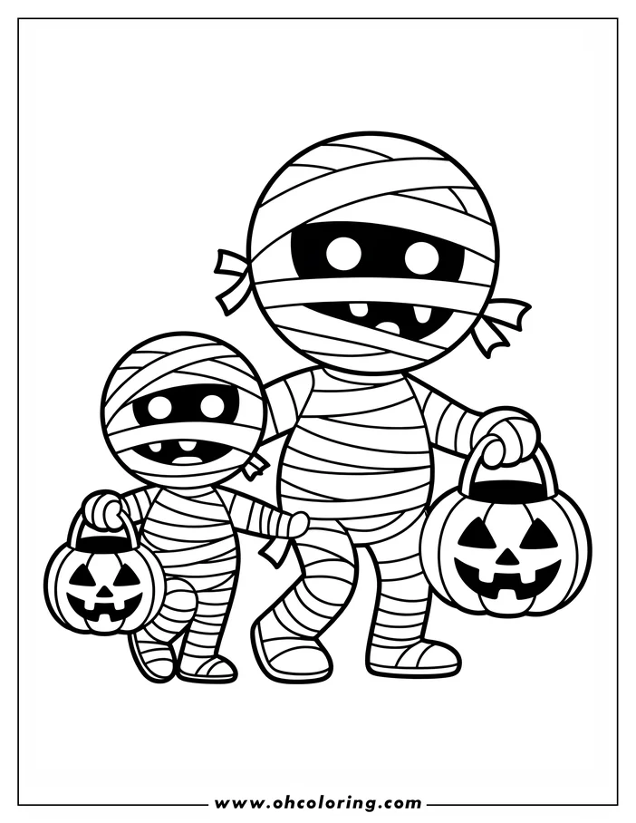 Line art of two mummies, one larger and one smaller, each carrying a jack-o'-lantern basket. They appear to be walking together. This is a drawing for coloring.