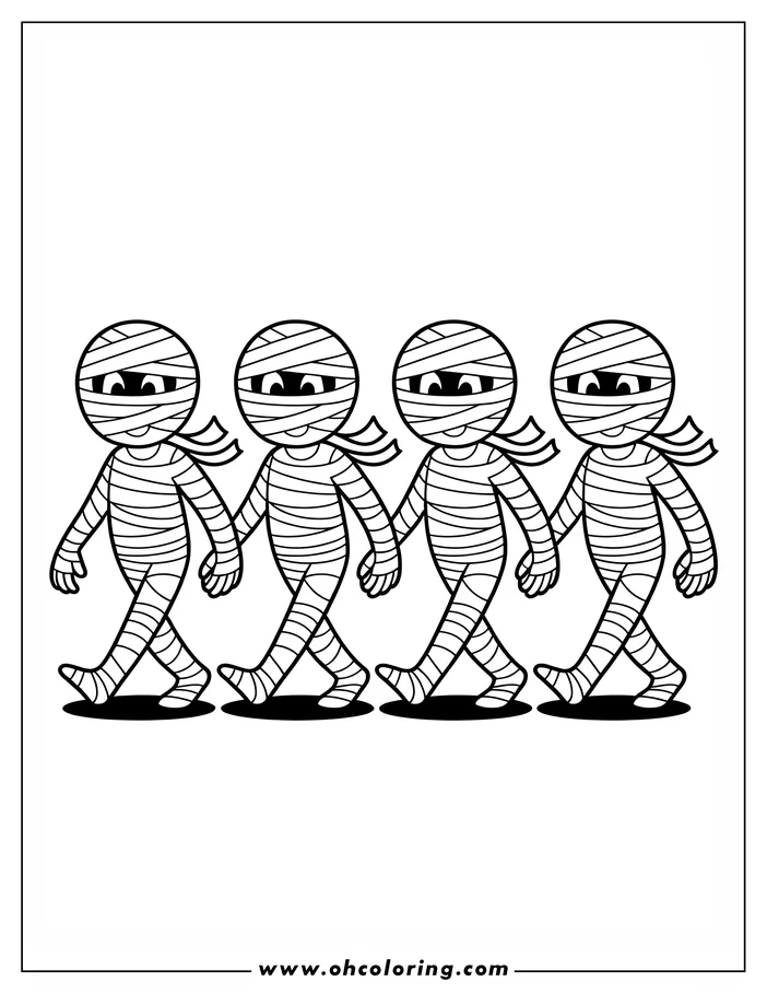 Line art of four mummies walking hand-in-hand.  This simple, cartoon-style coloring sheet design is perfect for kids who enjoy spooky but friendly Halloween themes.