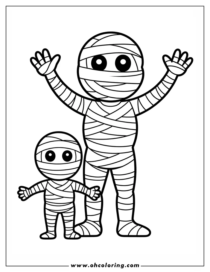 Line art of two mummies waving. The larger mummy stands behind a smaller one, both wrapped in bandages. This simple drawing is designed as a coloring sheet.