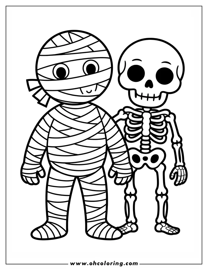 Line art of a mummy and a skeleton standing side by side.  The mummy is completely wrapped in bandages. The skeleton has a skull and visible bone structure. This is a simple drawing designed for a coloring sheet.
