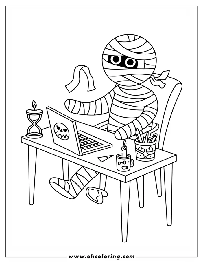 Line art of a mummy sitting at a desk, working on a laptop with a spooky jack-o'-lantern sticker. An hourglass and lit candle sit on one side, with a pencil cup and another candle near the laptop. This detailed coloring sheet design is perfect for Halloween.