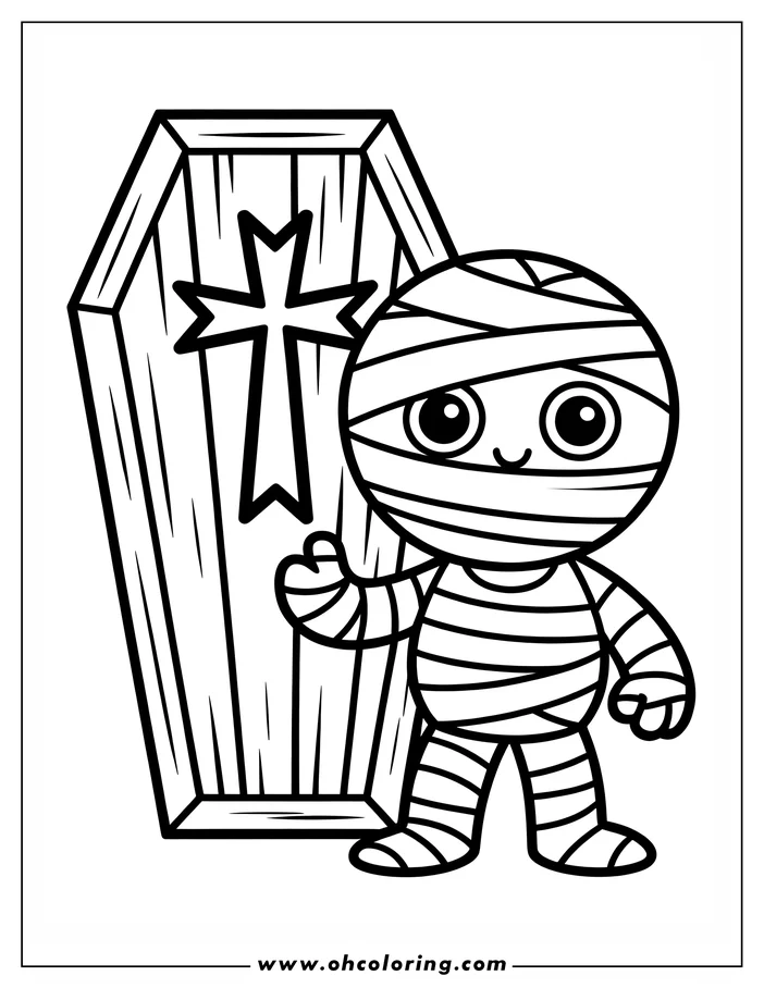 Line art of a friendly cartoon mummy standing next to a coffin with a cross. This Halloween-themed coloring page design is ready to be colored.