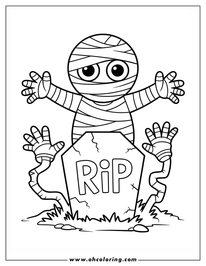 Line art of a cartoon mummy standing behind a tombstone with "RIP" on it. The mummy has outstretched arms and is wrapped in bandages. It's a simple Halloween-themed drawing designed for coloring.