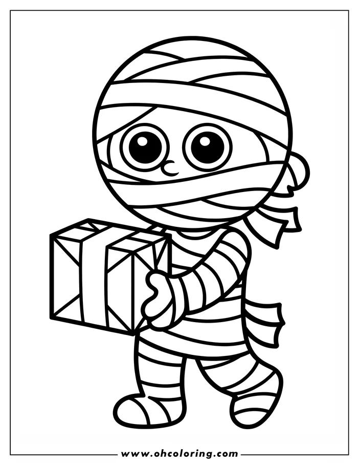 Simple line art drawing of a mummy carrying a wrapped present. The mummy, depicted in a cartoon style, is completely wrapped in bandages and has large, expressive eyes. This is a coloring sheet design, perfect for Halloween.