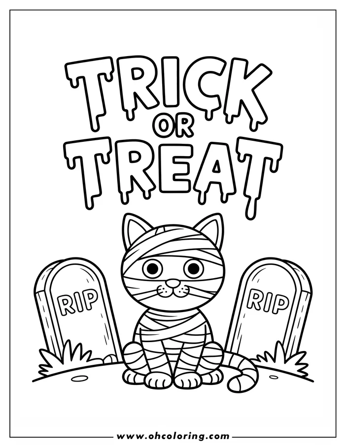 Line art of a cartoon mummy cat sitting between two tombstones with 'RIP' written on them.  This Halloween-themed coloring page depicts the cat wrapped in bandages, ready for coloring.