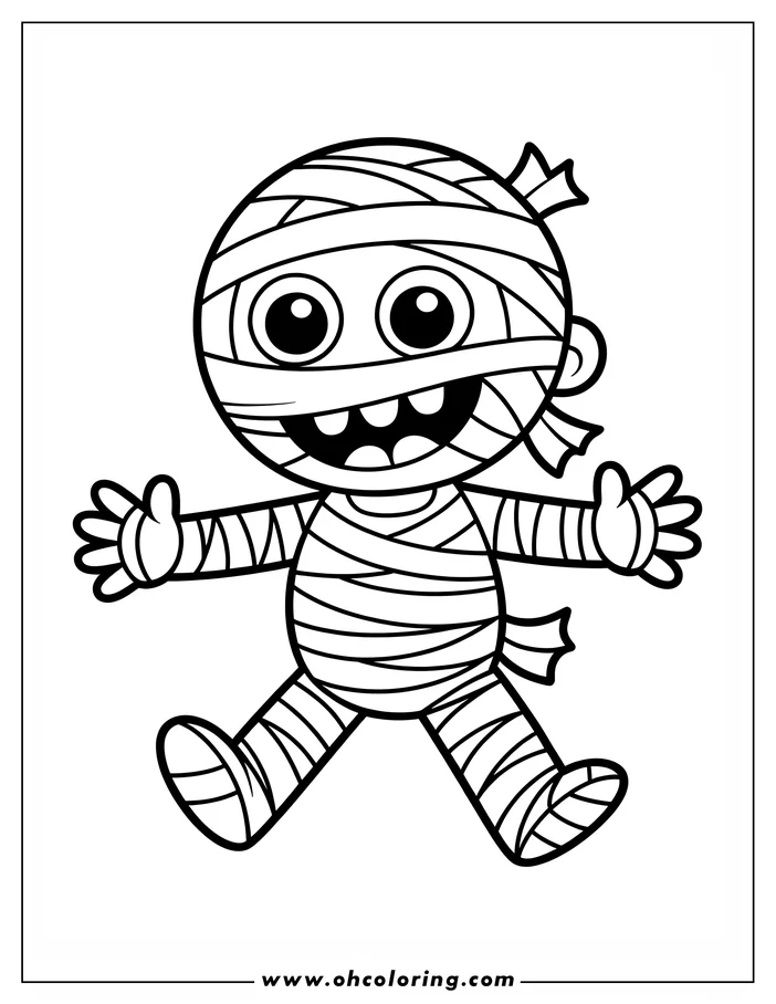 Line art of a cartoon mummy with a cheerful expression, wrapped in bandages, ready for coloring.