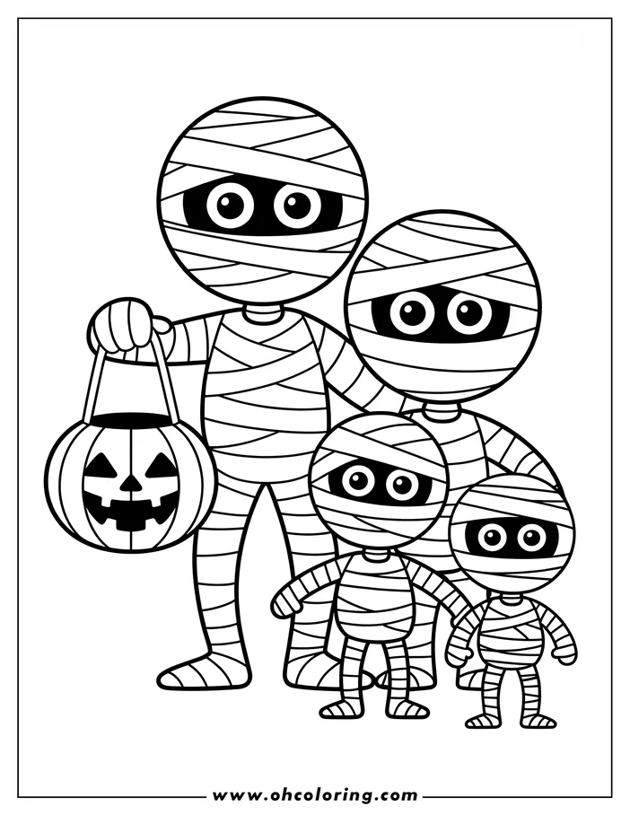 Line art of a mummy family with a pumpkin basket, ready for coloring. This Halloween-themed coloring sheet features a large mummy holding a pumpkin basket with a carved face, and three smaller mummies standing beside it. All the mummies have large, round eyes visible through their bandages.