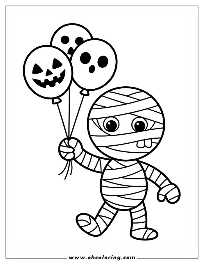 Line art of a cartoon mummy holding three Halloween balloons. The mummy is wrapped in bandages and has two teeth visible.  The balloons have jack-o'-lantern, ghost, and surprised faces. This is a coloring sheet design, perfect for Halloween activities.