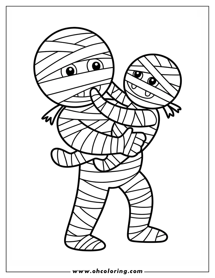 Simple, cartoon-style line art of a mummy holding a baby mummy. The larger mummy has wide eyes and a simple smile. The smaller mummy is sticking out its tongue. Both are fully wrapped in bandages. This is a coloring page design.