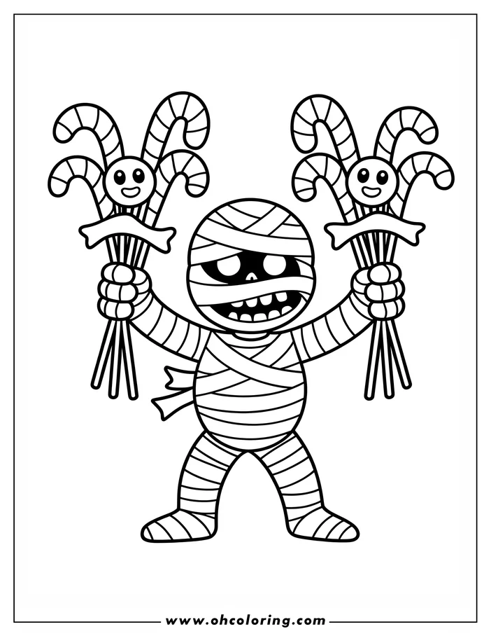 Line art of a cartoon mummy holding two large bunches of candy canes, designed as a coloring sheet.  The mummy has a simple, friendly design.
