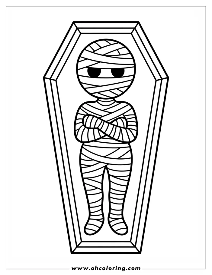 Line art of a mummy standing inside a coffin with arms crossed. The mummy is wrapped in bandages. This is a coloring sheet design.