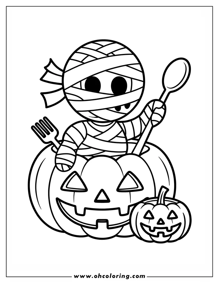 Line art of a Halloween-themed coloring page depicts a mummy sitting inside a jack-o'-lantern, holding a spoon and a fork. A smaller carved pumpkin is next to the main one. This is a simple and spooky drawing for coloring.