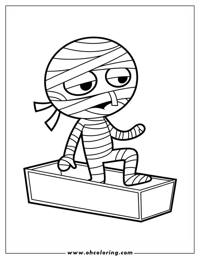 Line art of a cartoon mummy sitting on a coffin. The mummy is wrapped in bandages and has a slightly bored expression. This is a drawing ready for coloring.