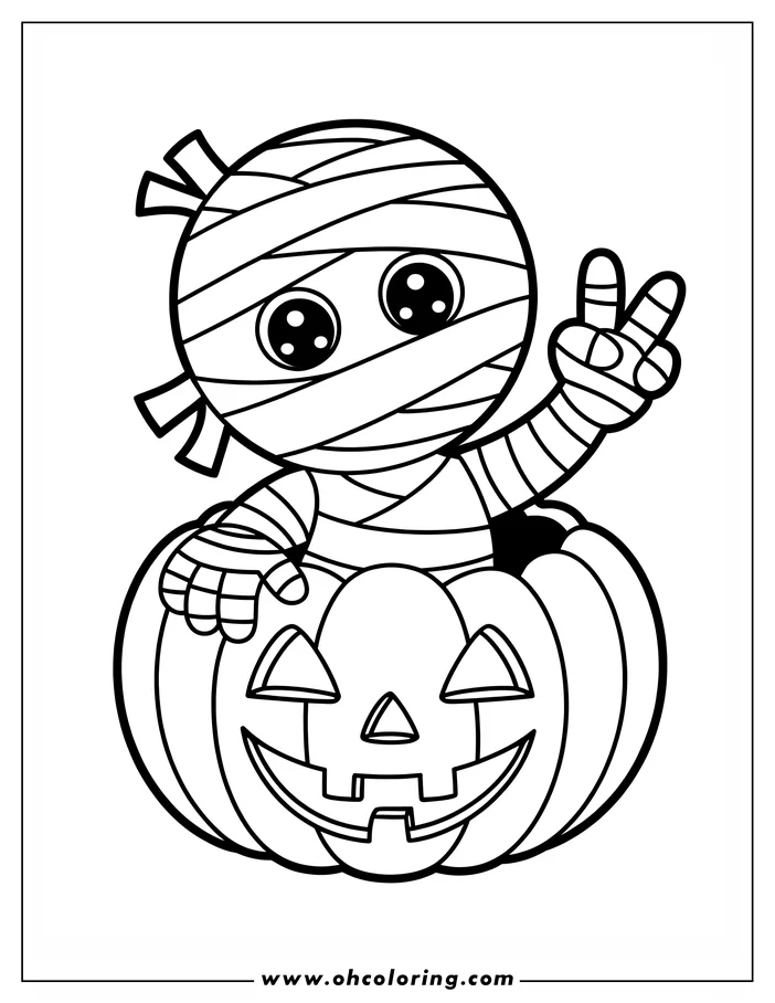 Line art of a Halloween mummy making a peace sign from within a carved pumpkin, designed for coloring. The mummy's eyes peek out from beneath its wrappings, and the pumpkin's face displays a cheerful grin. Perfect for a festive Halloween coloring activity.