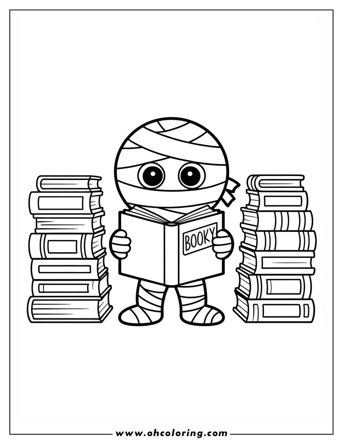 Line art of a cartoon mummy reading a book. The mummy is wrapped in bandages and has large eyes. Stacks of books are on either side of the mummy. This is a coloring sheet design.