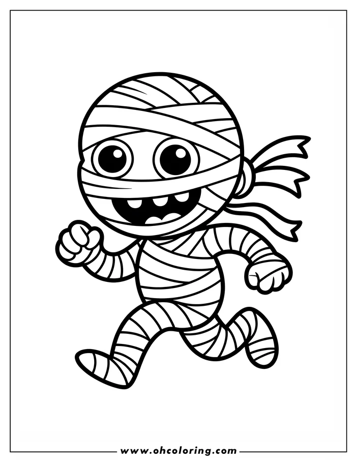 Line art of a cartoon mummy running. Its body and head are wrapped in bandages, and some bandages trail behind it.  It has a determined and slightly mischievous expression. This is a drawing for coloring.