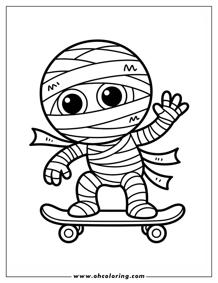 Line art of a friendly cartoon mummy riding a skateboard. The mummy is waving, and its entire body is wrapped in bandages. This is a simple drawing designed as a coloring sheet.