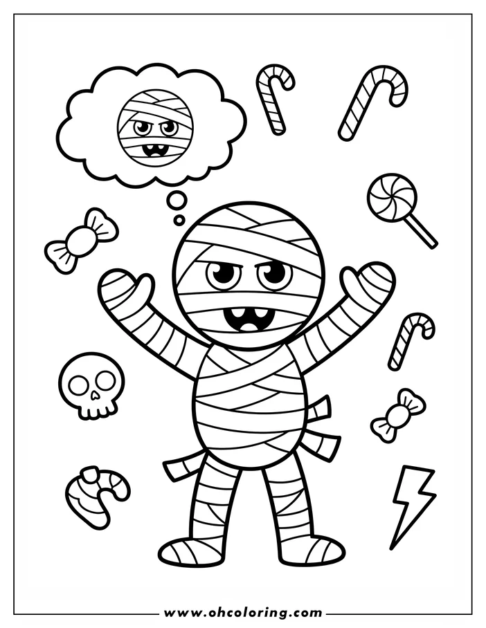 Line art of a cartoon mummy, wrapped in bandages, with arms raised. The mummy is thinking of candy, represented by a thought bubble with a candy image. Candies, a skull, and a lightning bolt are scattered around. This design is a coloring sheet.