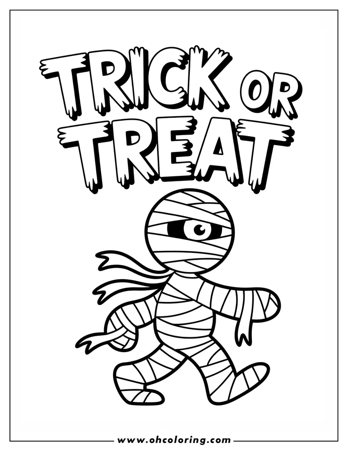 Line art of a cartoon mummy for a Halloween coloring page. The mummy is wrapped in bandages, walking, and has a single large eye visible. Above it are the words "Trick or Treat." This is a simple drawing perfect for kids to color.