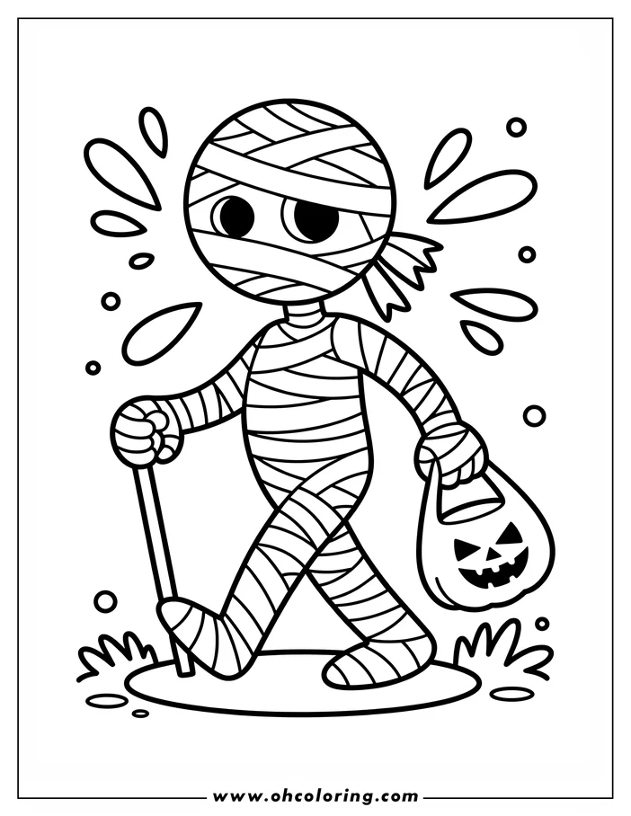 Line art of a mummy trick-or-treating. The mummy walks and carries a pumpkin-shaped trick-or-treat bag and a cane. Ready for coloring.