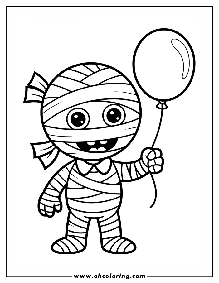 Line art of a cartoon mummy holding a balloon. The mummy, wrapped in bandages, has a friendly expression and is depicted in a simple style, suitable for a coloring sheet.