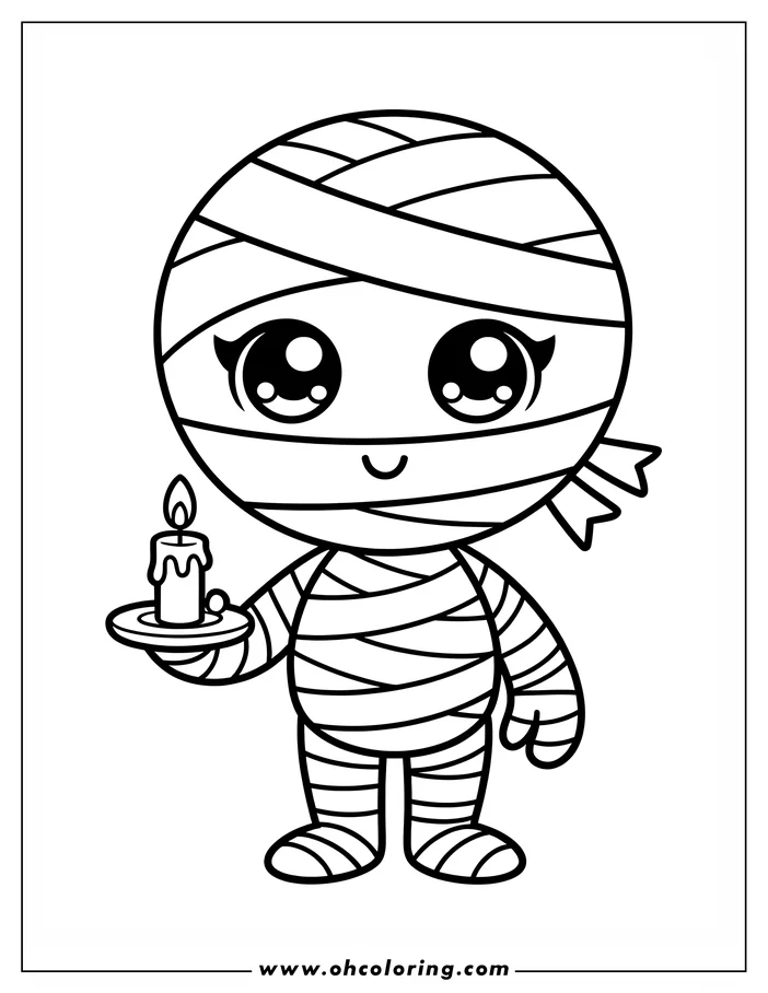 Line art of a kawaii style mummy holding a lit candle.  The mummy is wrapped in bandages and has large, expressive eyes. This is a simple drawing for coloring, perfect for Halloween.