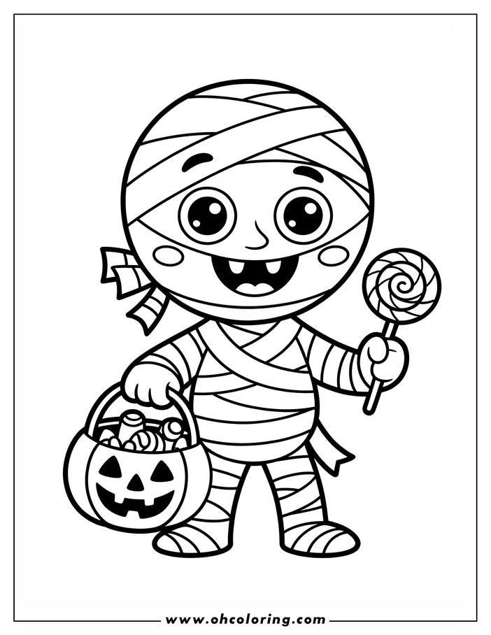 Line art of a cartoon mummy holding a lollipop and a pumpkin candy bucket. The mummy has large, friendly eyes and a big smile, with its body wrapped in bandages. This is a Halloween-themed design for a coloring sheet.