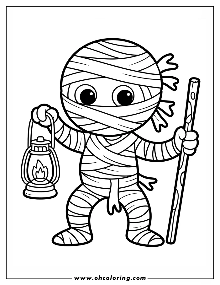 Line art of a mummy, wrapped in bandages, holding a lantern and a staff. This is a coloring sheet design ready for kids to add their creative colors.