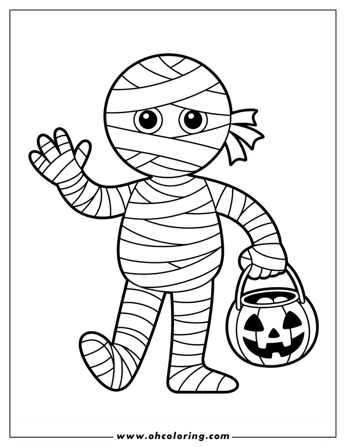 Line art of a cartoon mummy waving while carrying a pumpkin basket for trick-or-treating. It's a coloring sheet design ready to be colored.